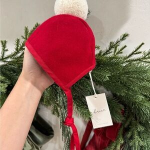 Briar Kids Red Velvet Bonnet with Cream Pom-Pom